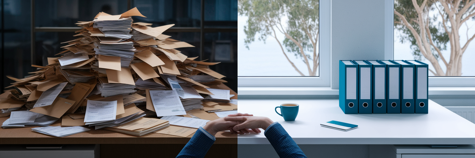 Desk showing transition from debt chaos to financial control.