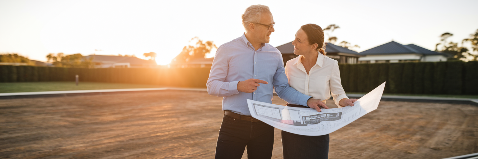 Couple with plans on empty land.