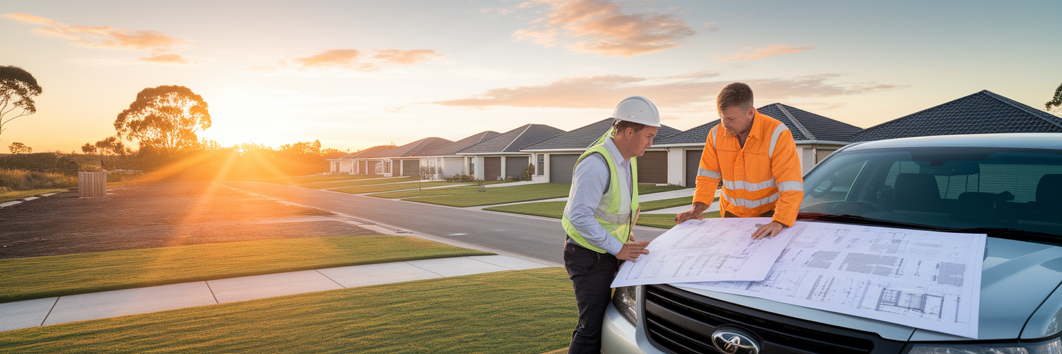 Property developers reviewing plans at sunrise.