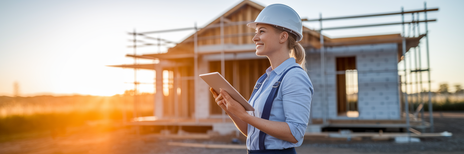 Confident female tradie on worksite.