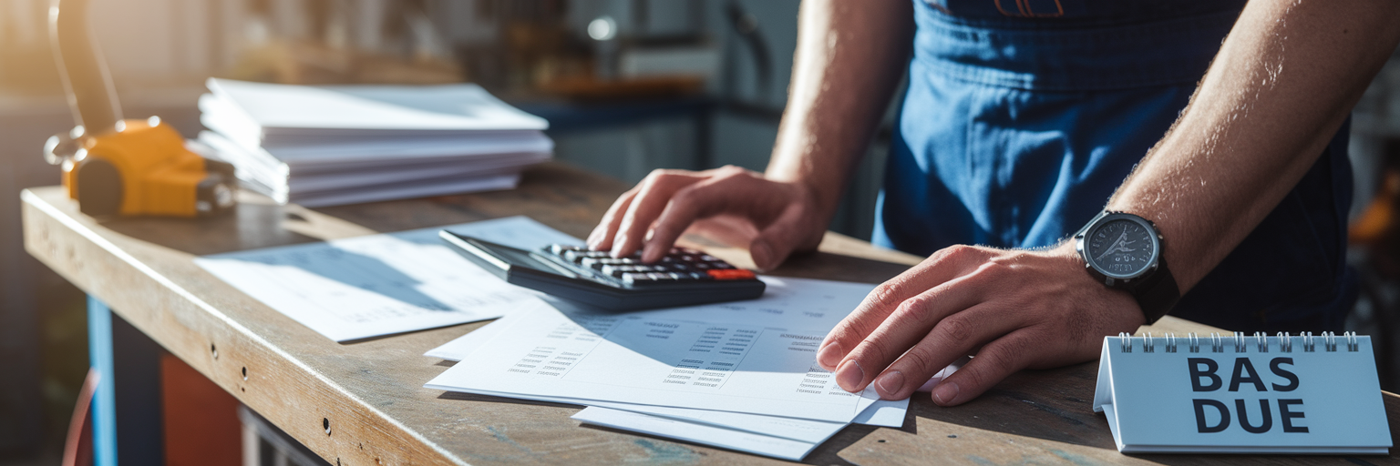 Tradie managing business finances in workshop