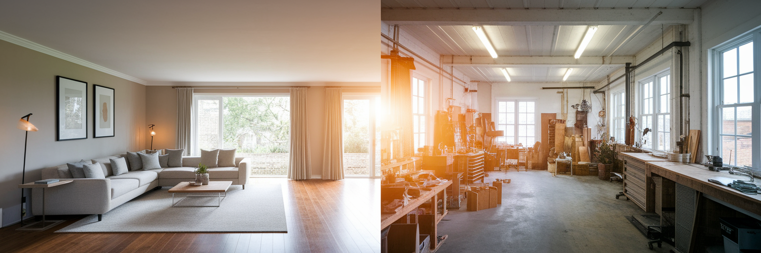 Split image of home renovation and thriving business.