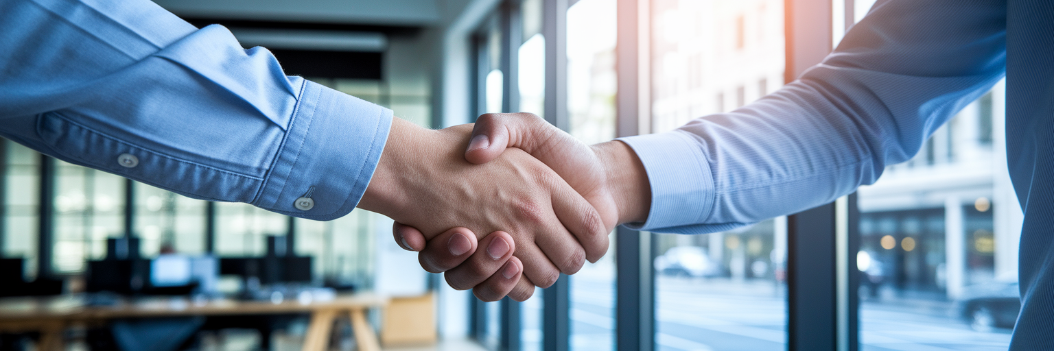 Business owner shaking hands with finance expert.