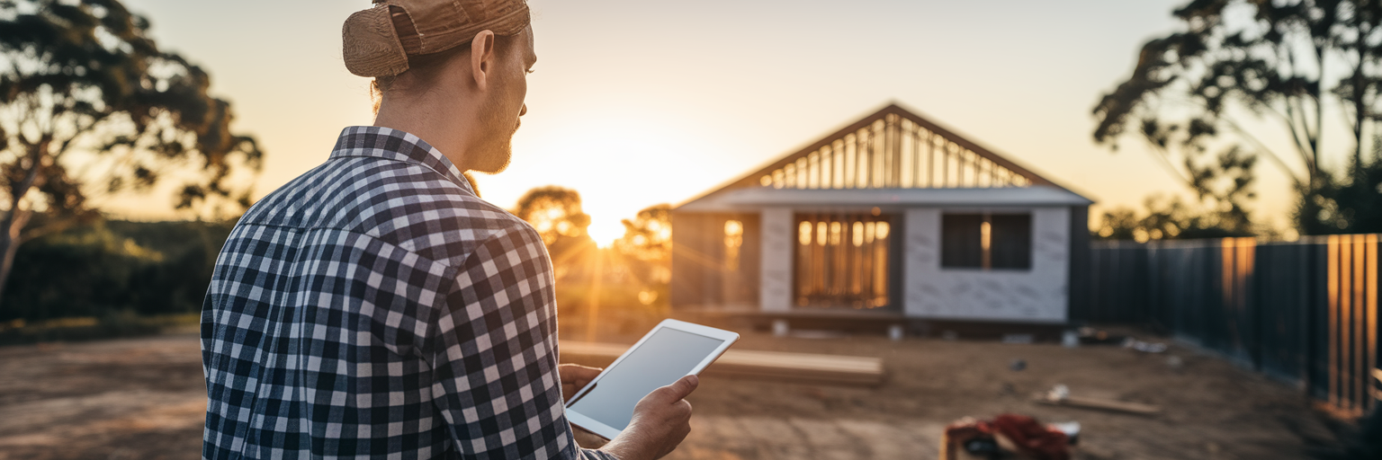 Australian tradie planning on construction site.