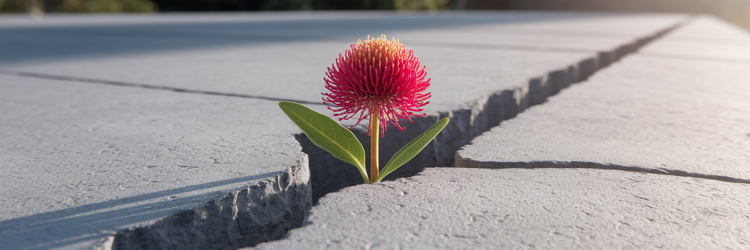 Resilient Australian waratah flower growing through concrete.