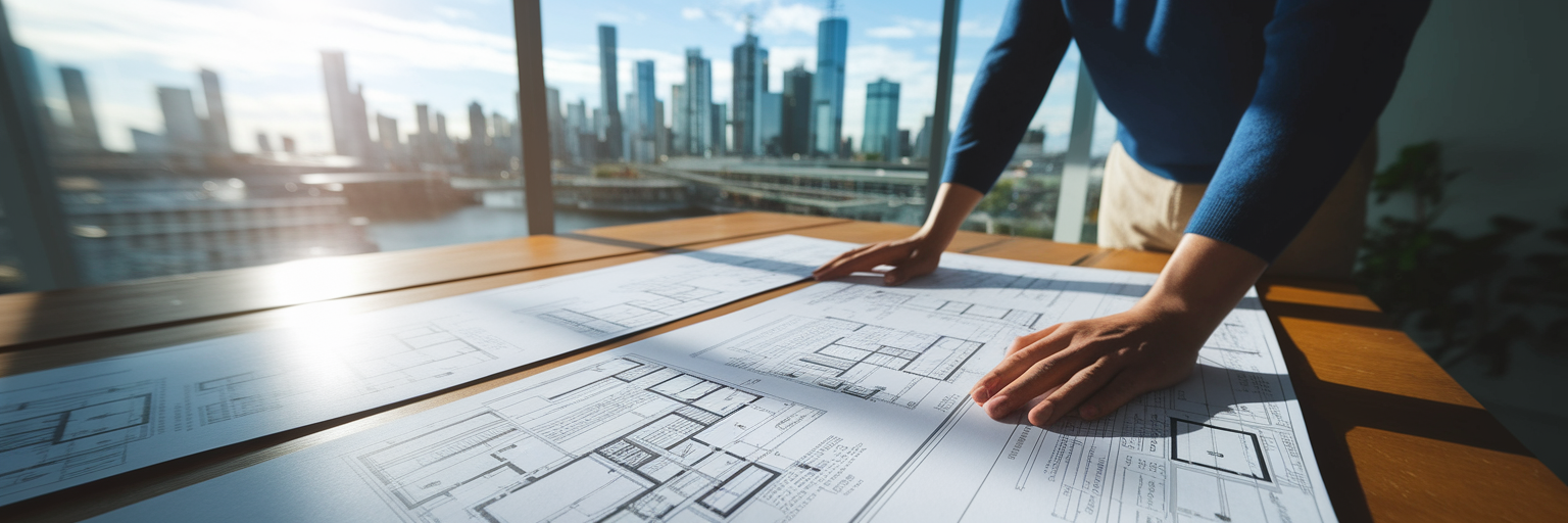 Property developer reviewing building blueprints.