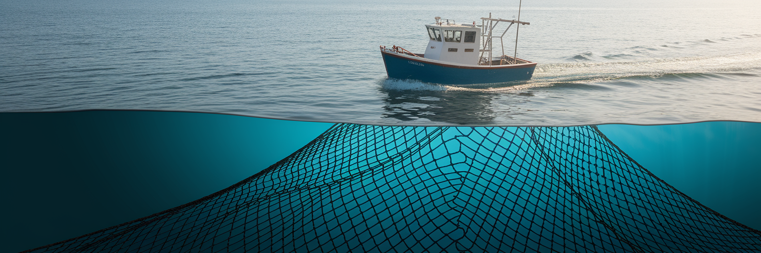 Boat sailing towards hidden underwater net