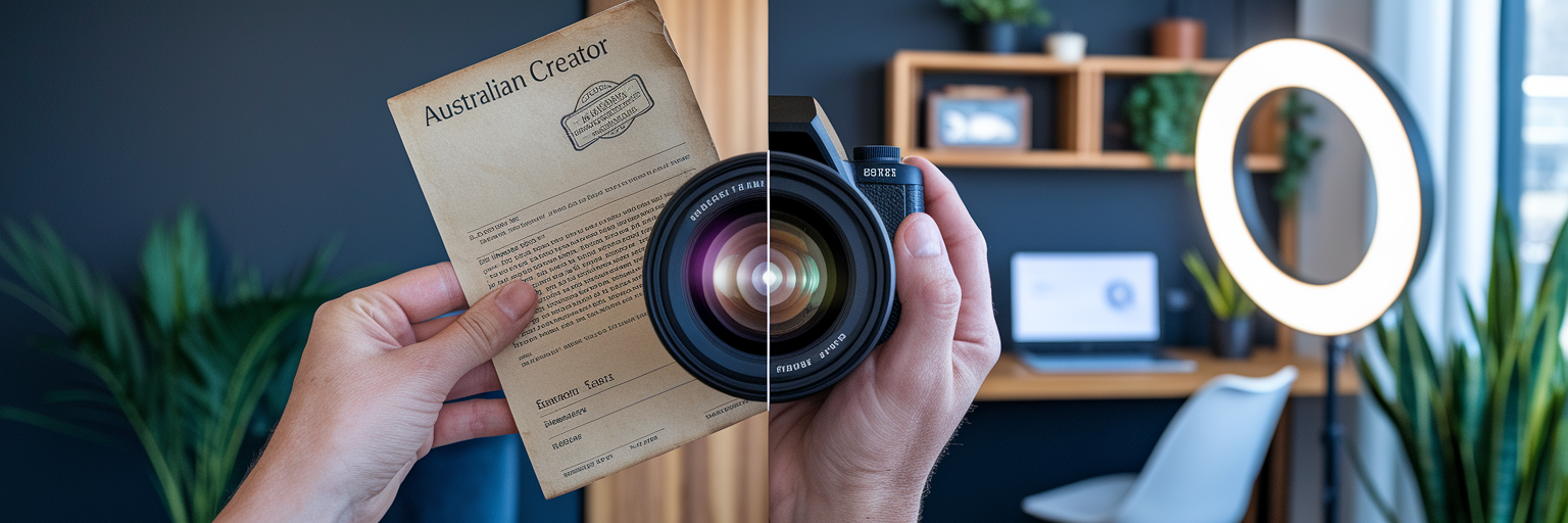Creator's hands holding bank document and camera lens.
