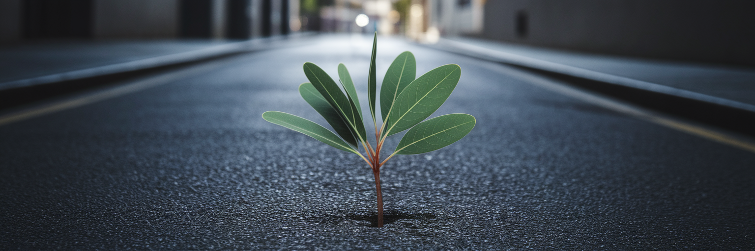 Eucalyptus sapling growing through cracked pavement.