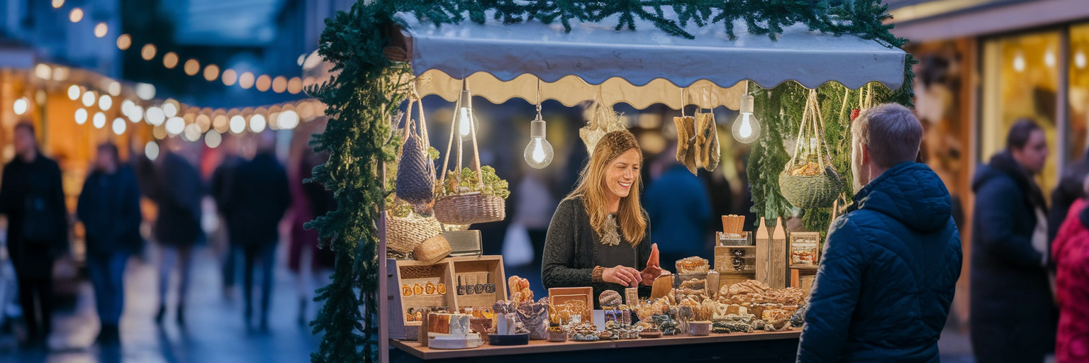 Bustling Australian market stall at dusk.