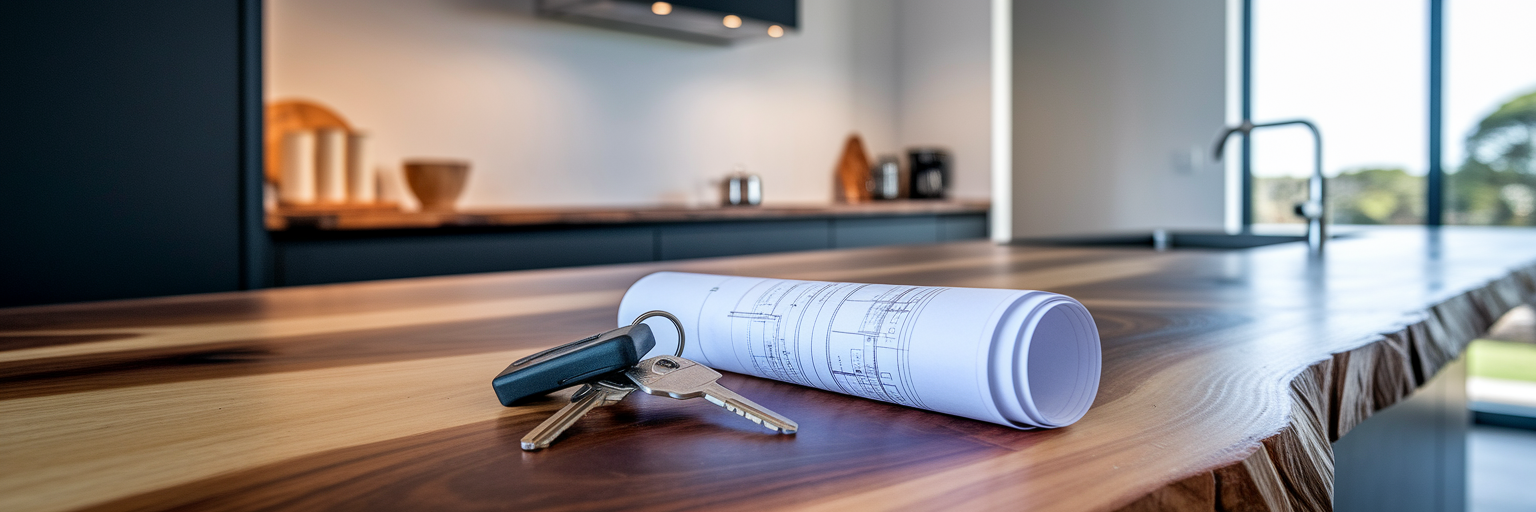 House keys and blueprint on kitchen island.