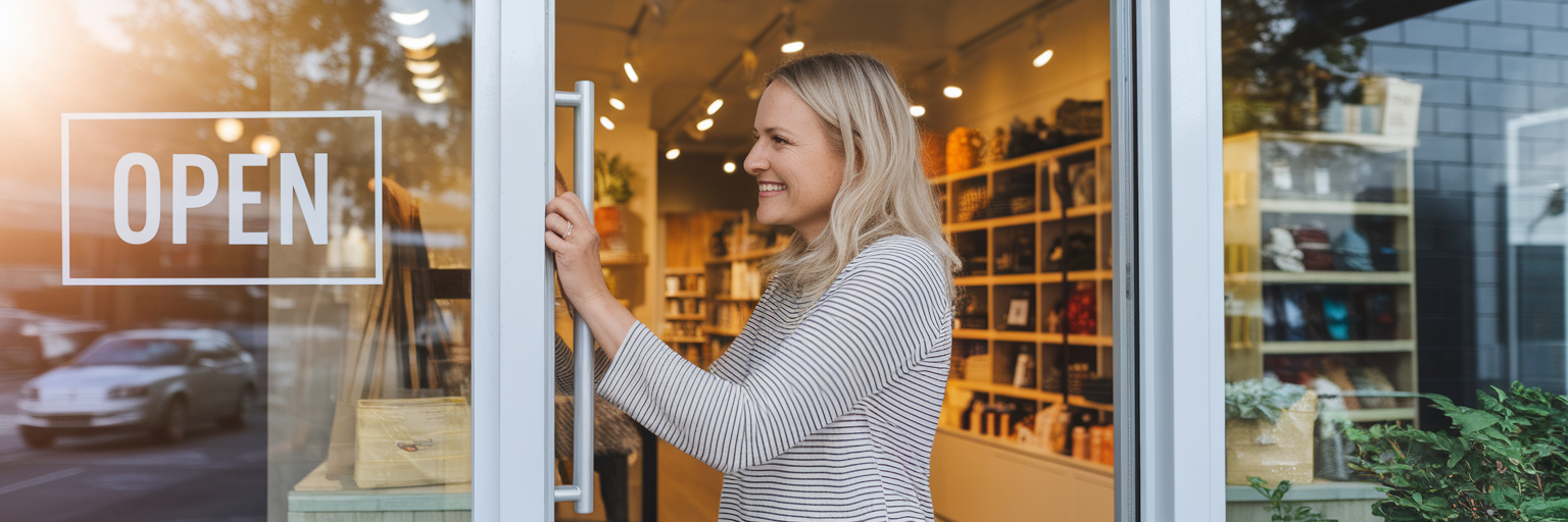 Small business owner opening her shop.
