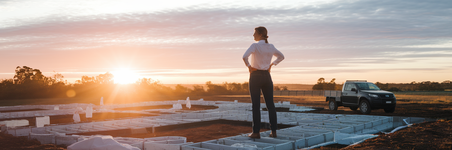 Builder looking at sunrise on construction site.