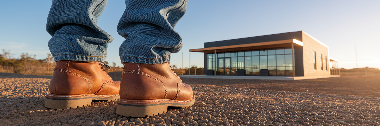 Work boots in front of new regional business building.