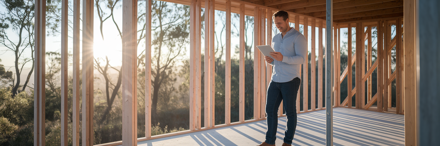 Builder reviewing plans on construction site