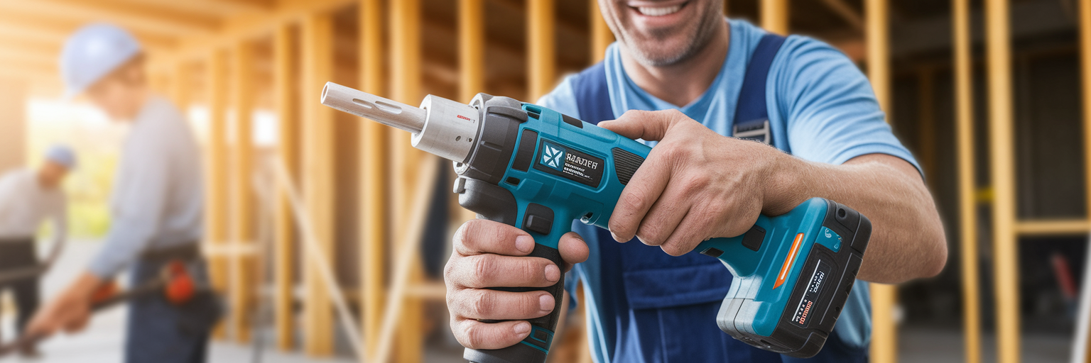 Tradie's hands holding a new power tool.