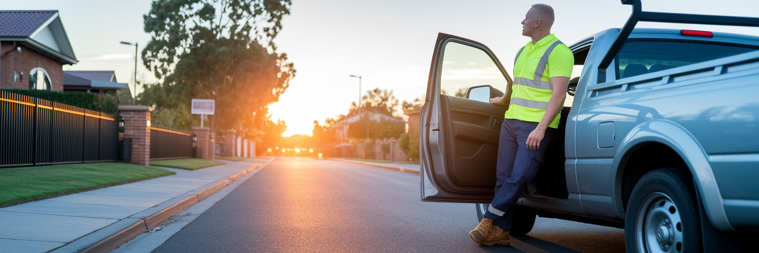 Aussie tradie looking towards sunrise.