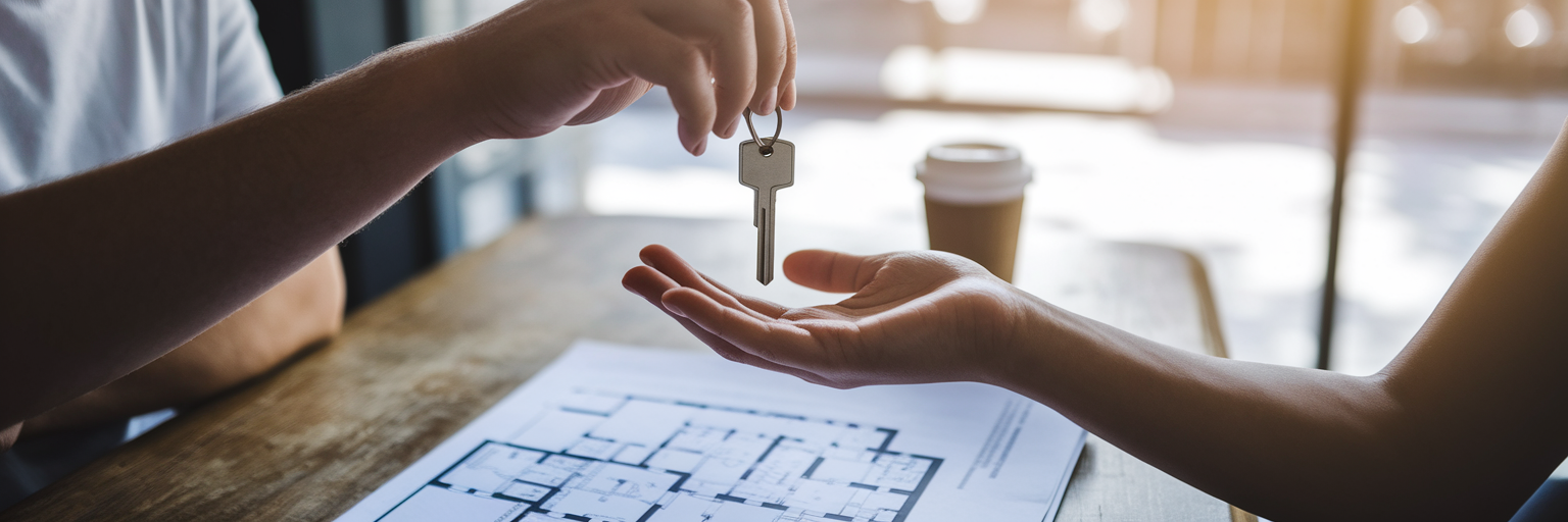 Hands exchanging keys over business plans.