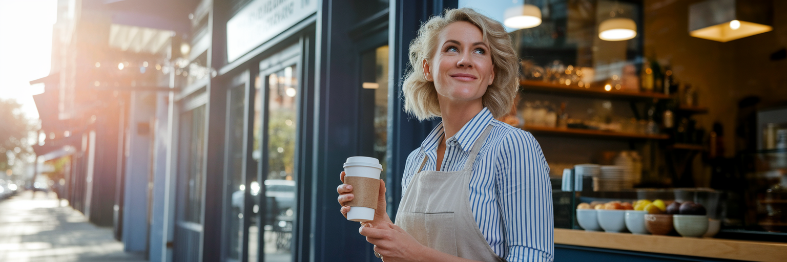 Confident Aussie cafe owner in front of her business.