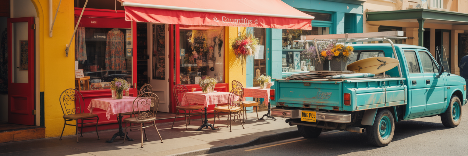 Diverse Australian small businesses on a sunny street.